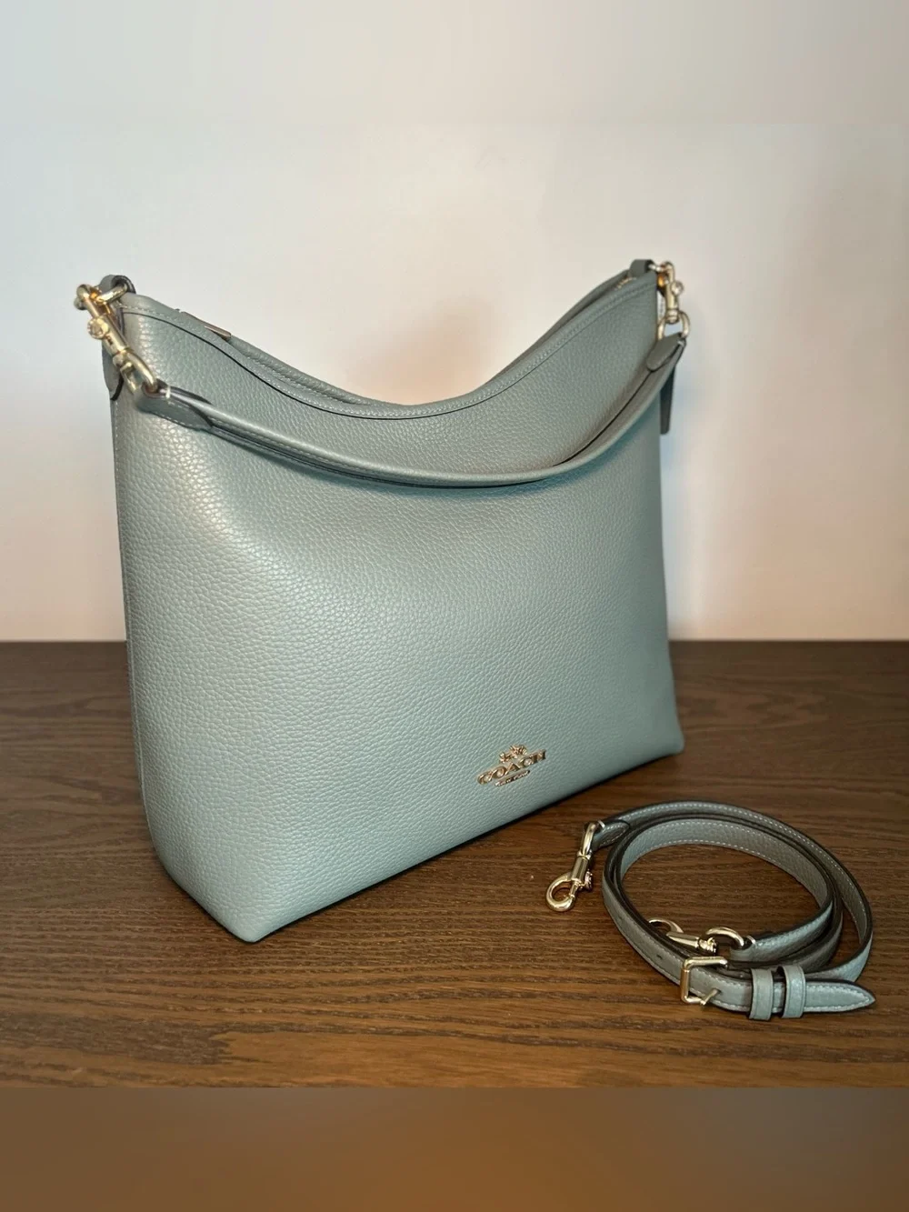 Coach Large Laurel Shoulder Crossbody Bag + Matching Wristlet Sage Green Pebble